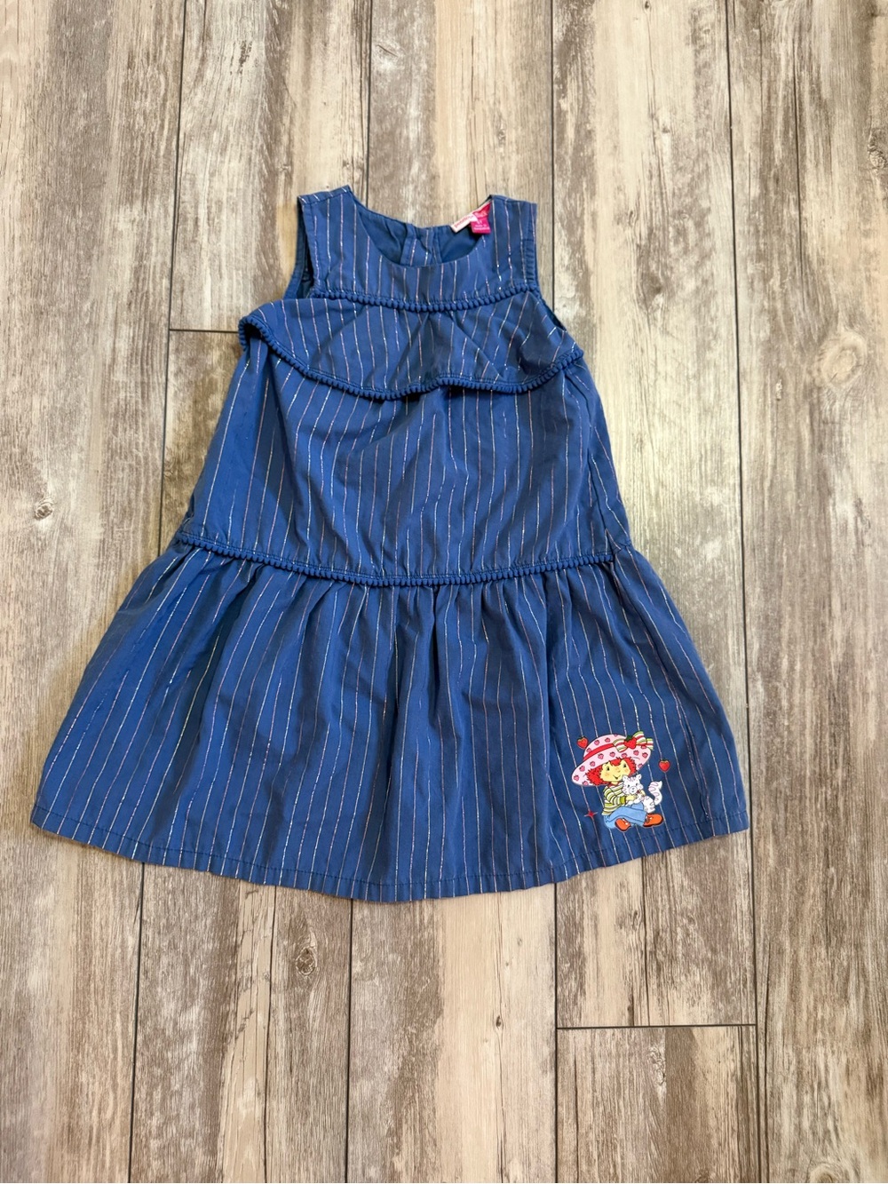Blue Metallic Stripe Ruffle Girls' Dress with Strawberry Shortcake Patch